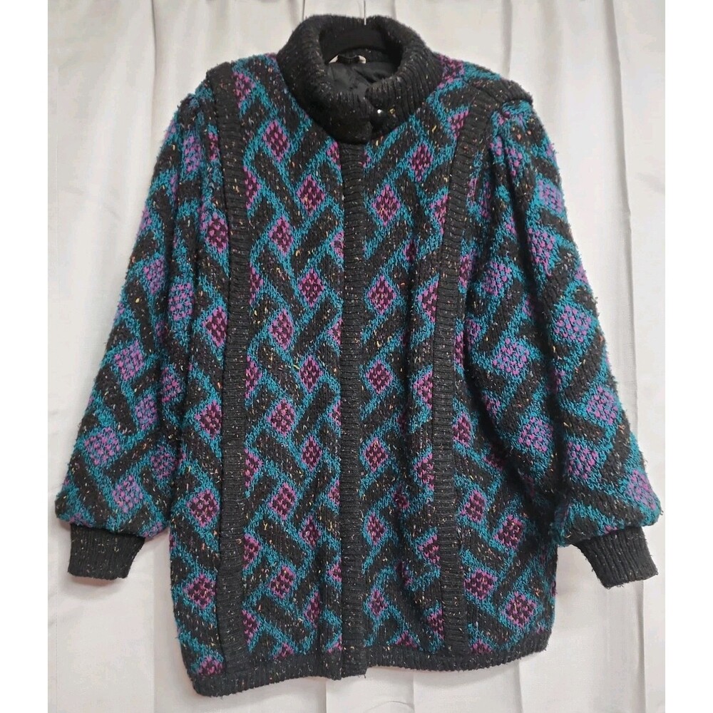 Vintage 80s Knit Sweater Parka Jacket Coat Women's Large Oversized Mock Neck